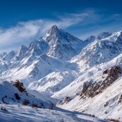 Mountain landscape of snow-capped mountains in the mist.
