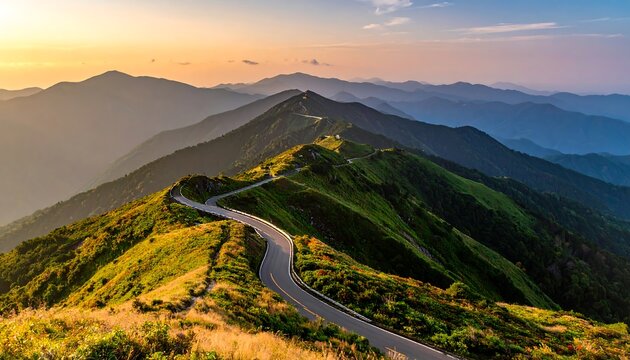 Winding mountain road at sunset.  Vast vista of rolling hills and peaks.  Golden light bathes the landscape