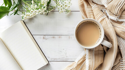 A tranquil flat lay of a steaming cup of coffee next to an open, blank notebook and a cozy knitted blanket, all resting on a rustic white wooden surface, evoking a peaceful moment of reflection or pla