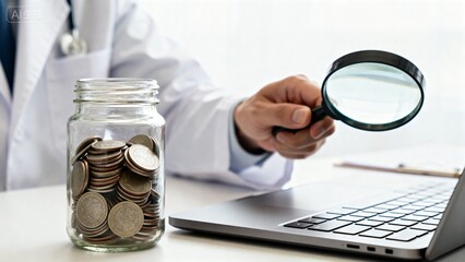 Doctor examining coins in jar with magnifying glass