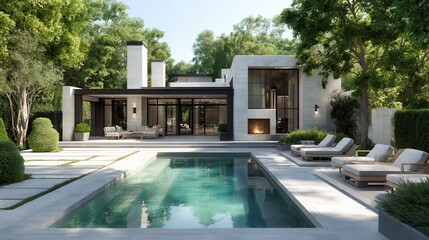 Modern luxury mansion with swimming pool and lush greenery outdoor living space