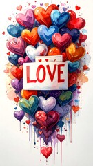Colorful hearts overflowing, a sign says "LOVE