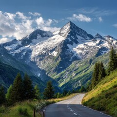 Mountain landscape of snow-capped mountains in the mist.
