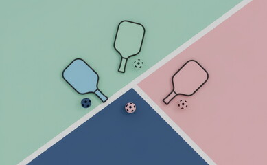 Minimalist flat lay composition with pickleball paddles and balls on colorful geometric background, concept of modern sport and recreation design