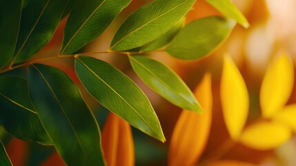 Obraz premium Close-up of vibrant green and orange leaves showcasing seasonal change in a soft, blurred background