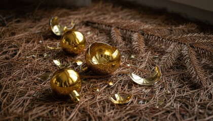Broken golden Christmas ornaments on dried pine needles, concept of post-holiday sadness, nostalgia and fragile beauty