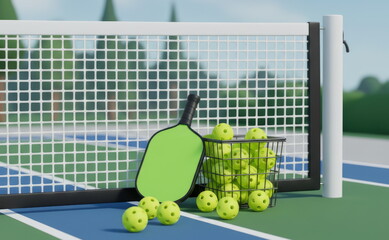 Pickleball paddle and basket with balls on outdoor court, concept of active lifestyle, summer recreation and modern sport