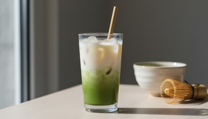 Glass of iced matcha latte with milk on wooden table in sunlight, concept of healthy lifestyle and modern beverage culture
