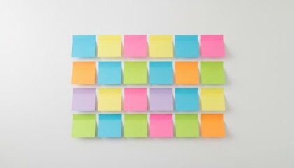 Minimalist wall with colorful sticky notes arranged in grid, concept of organization, planning and creative brainstorming