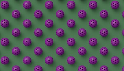 Seamless pattern of purple pickleball balls on green background, concept of sport design, repetition and modern minimalism