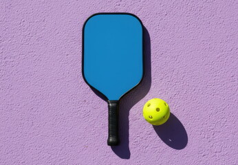 Pickleball paddle and ball on purple wall, modern minimalist sports concept