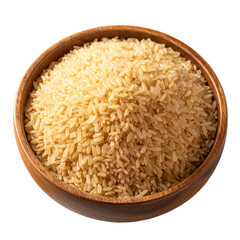 A wooden bowl overflowing with light brown, uncooked grain kernels, overhead view