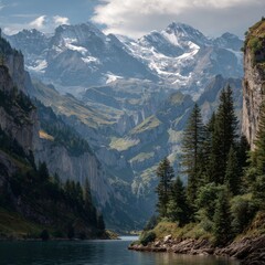 Mountain landscape of snow-capped mountains in the mist.
