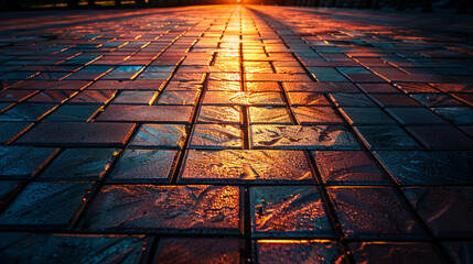 A stunning low-angle perspective of a cobblestone path bathed in the warm, dramatic glow of a setting sun, creating long shadows and an inviting, ethereal atmosphere as the golden light extends into t