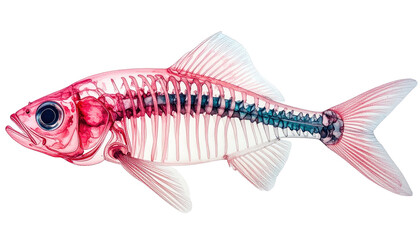 X-ray-style image reveals intricate skeletal structure of a colorful fish, transparently