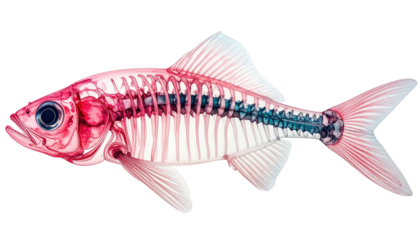 X-ray-style image reveals intricate skeletal structure of a colorful fish, transparently