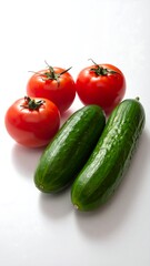 Fresh tomatoes and cucumbers on white background