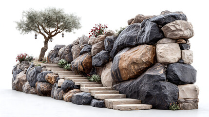 Ascending stone staircase on rock wall with tree, isolated for garden design