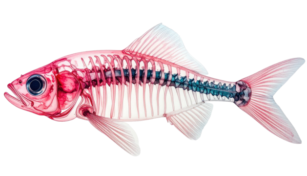 X-ray-style image reveals intricate skeletal structure of a colorful fish, transparently
