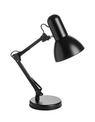 A sleek, black adjustable desk lamp. Isolated on a black background, angled towards the viewer