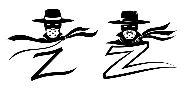 Vector art of two zorro logos, one with a cape and the other without, both in black and white