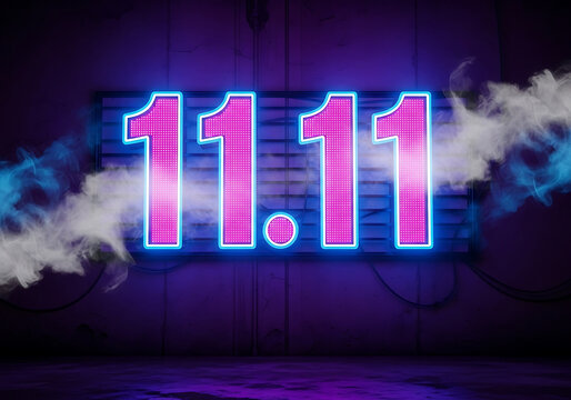 A vibrant neon sign illuminates the wall, displaying 1111 in bright pink, surrounded by a blue outline, with wisps of smoke adding a dramatic effect