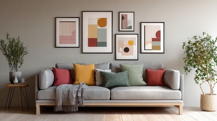 Modern living room interior design with sofa and artwork on wall