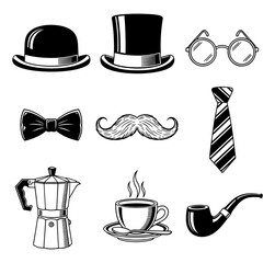 Vector art of hand drawn set of gentleman accessories bowler and top hats, glasses, and mustache
