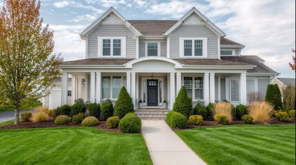 Elegant suburban two-story home with manicured lawn and welcoming walkway on a bright day