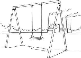 An abandoned playground with empty swings in front of an industrial factory. The concept of decline, unemployment due to automation, environmental problems, and the desolation of industrial cities.