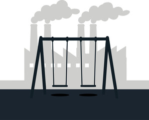 An abandoned playground with empty swings in front of an industrial factory. The concept of decline, unemployment due to automation, environmental problems, and the desolation of industrial cities.
