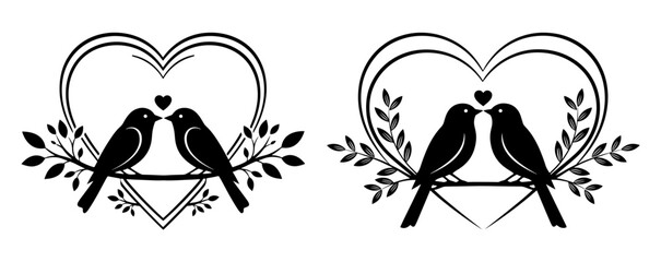 Vector art of two birds in love sitting on a branch inside a heart, vector illustration