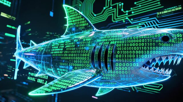 Translucent digital shark with binary code and circuit patterns, swimming in blue-green cybernetic landscape with circuit board background. Glowing technological predator with sharp teeth.