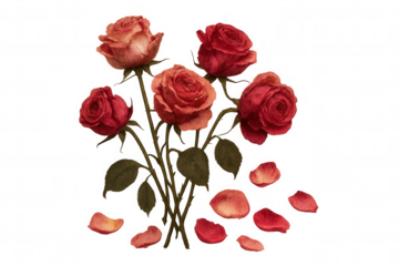 Dried red roses bouquet with falling petals, symbolizing love ending, heartbreak, and passing of time on transparent background
