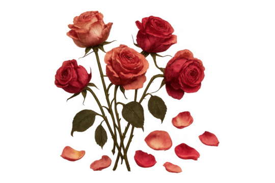Dried red roses bouquet with falling petals, symbolizing love ending, heartbreak, and passing of time on transparent background
