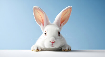 Obraz premium Adorable fluffy white rabbit peeking over a surface with a blue background