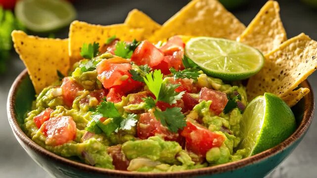 A delicious bowl of guacamole served with crispy tortilla chips and fresh lime wedges