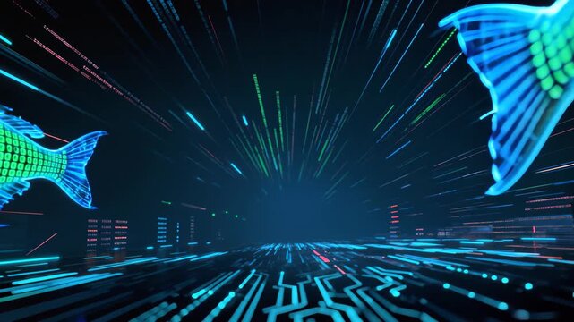 Two digital fish with binary code patterns swim through futuristic technological landscape with circuit board background and glowing data streams. Cybernetic creatures with sharp teeth and red eye