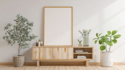Modern scandinavian entryway console table with large mirror and potted plants
