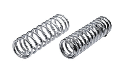 Two metallic coil springs side-by-side, viewed at an angle, set against a black backdrop