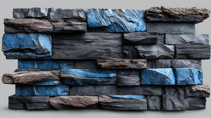Blue and black stacked stone veneer panel on grey for modern wall cladding