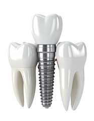 A dental implant with two adjacent teeth, rendered in a highly detailed, medical illustration