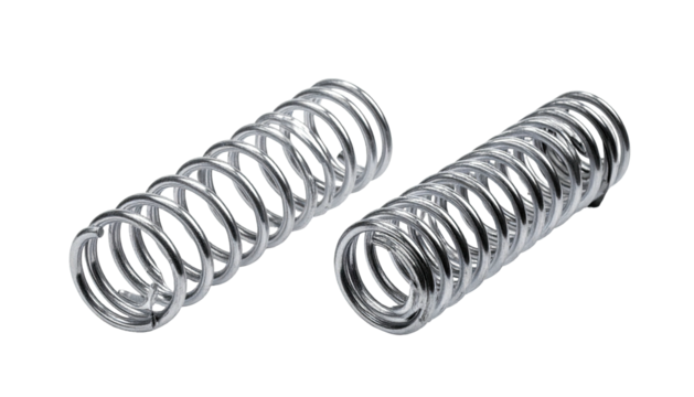 Two metallic coil springs side-by-side, viewed at an angle, set against a black backdrop