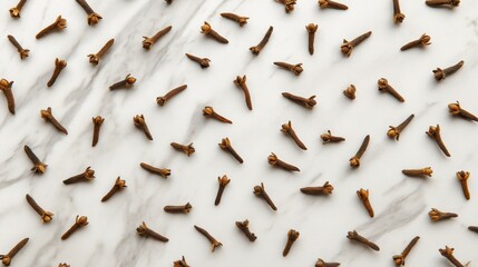 Aerial view of scattered whole cloves arranged on a marble surface, highlighting their texture and color