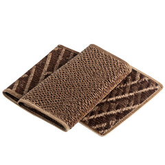 Three brown decorative rugs, each with unique textured patterns, arranged at angles