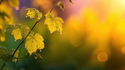 Fototapeta premium Dew-kissed green grape leaves glistening in the warm golden sunlight of a serene vineyard