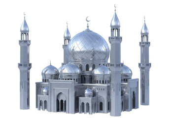 Silver mosque isolated on transparent background, Islamic architecture with domes and minarets for Ramadan and Eid celebrations