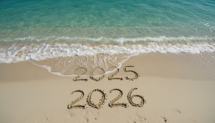Sand Written Years 2025 and 2026 on Beach by Gentle Ocean Waves, symbolizing reflection, time, and new beginnings.