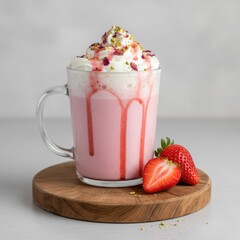 Strawberry milkshake with whipped cream, syrup and pistachio topping, refreshing pink drink dessert on wooden board