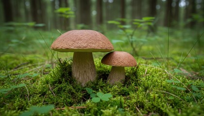 Two mushrooms growing in green mossy forest, natural close-up of wild fungi in woodland environment